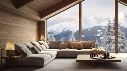 Foto op Plexiglas modern living room in chalet, panoramic window with great winter snow mountain landscape © ORG