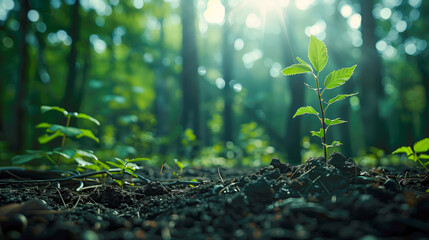Little oak tree seedling in the forest with blurred background and rays of light; copy sapace - obrazy, fototapety, plakaty