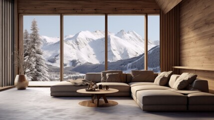 modern living room in chalet, panoramic window with great winter snow mountain landscape