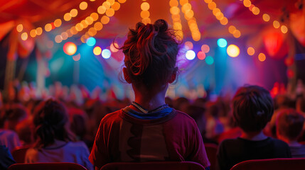 a photograph of a rear view kid children watching show on stage in circus carnival festive celebration in dome tent with crowd people inside exited lifestyle