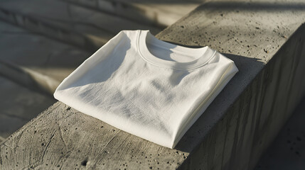 A pristine white t-shirt, unmistakably folded with visible sleeves and neckline, set against a stark, brutalist concrete backdrop