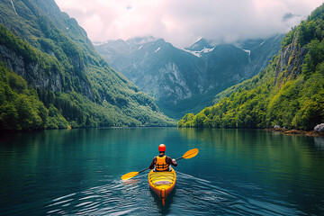 male kayaker is sailing on yellow kayak on blue lake on a summer trip in tropics with a landscape with mountains and forest - Powered by Adobe