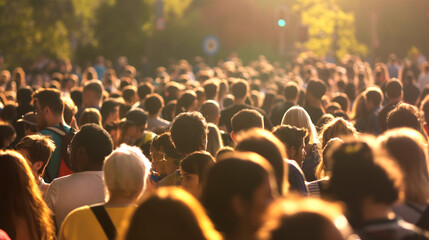  Crowd in the city, blurred people walking down the street, with a bokeh effect.  - obrazy, fototapety, plakaty