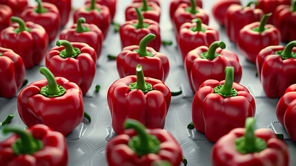 closeup shot, rows of tightly packed fresh red bell peppers on a white surface, photo realistic