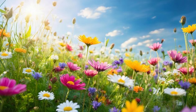 青空に太陽の光がやわらかに照らし、春の花と草原のイラスト