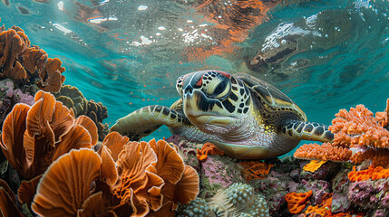 Naklejka na ściany i meble Green Sea Turtle, Chelonia mydas rest in sponge in turquoise water of coral reef