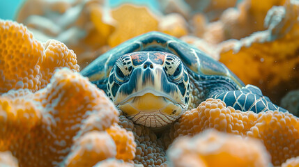 Green Sea Turtle, Chelonia mydas rest in sponge in turquoise water of coral reef