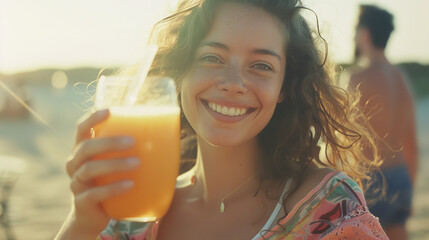 happy woman drinking a delicious orange juice at a party on a beach, smiling and beautiful