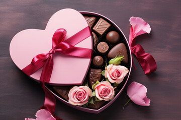 Luxury valentine chocolates in heart shaped gift box and tender flowers with copy space
