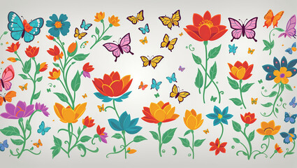 3D spring butterflies and flowers on white background