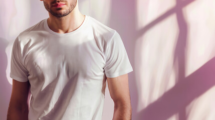 Mockup of a white short-sleeved men's round neck t-shirt. The shirt is very smooth, with no wrinkles