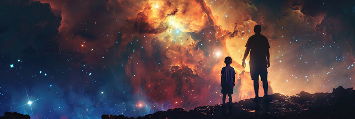 Adventure of discovery and discovery unfolds as father and son embark on an exploration of the cosmos. Together, they gaze at stars, fostering a bond rooted in curiosity and imagination - obrazy, fototapety, plakaty