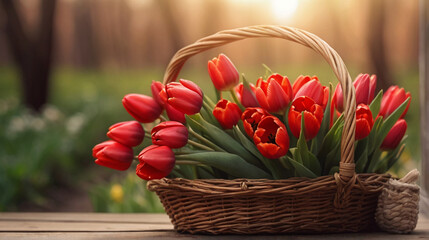 Spring tulips in a wicker basket  - 767810851