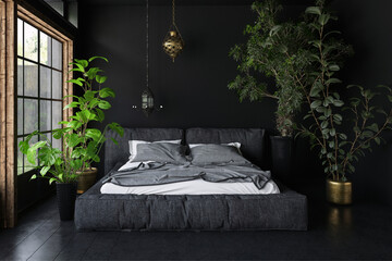 interior of a bedroom with unique design, plants 