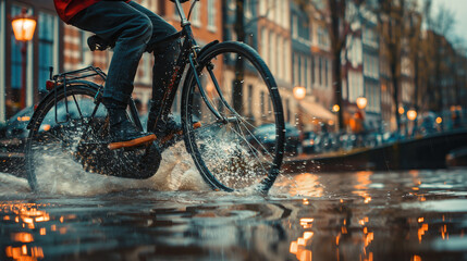 A cyclist in a flooded city on a rainy day.