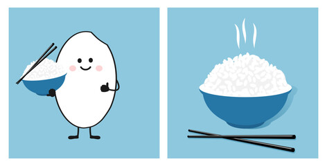 Rice bowl with chopsticks and rice seed cartoon icon sign vector.