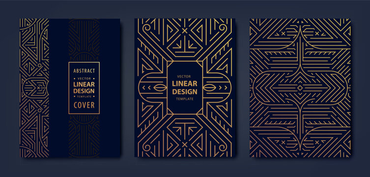 Vector set of art deco frame patterns, gold line design labels. Luxury geometric covers, vintage background, premium templates.