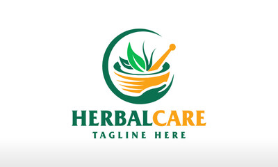 Natural Herbal Care with Mortar Pestle Logo Design vector icon symbol illustrations. A multifunctional logo that can be used in many natural medicine business companies and herbal pharmacy.