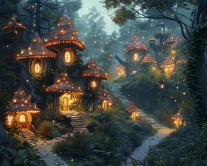 Transform the ordinary into extraordinary with a high-angle illustration of mystical fairy villages tucked away in lush forests Infuse the scene with vibrant details like tiny mushroom houses - obrazy, fototapety, plakaty