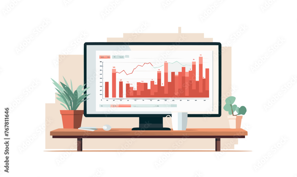 Poster computer screen with charts windows vector flat isolated illustration
