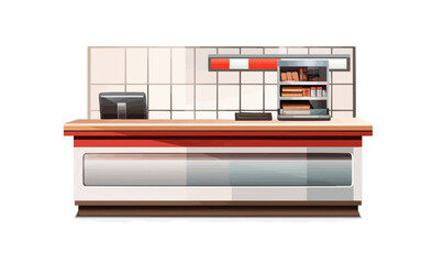 A white background with a red and white counter with a cash register