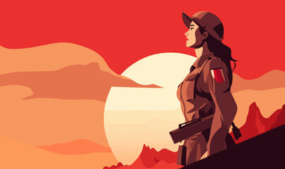 woman soldier vector flat minimalistic isolated illustration - - obrazy, fototapety, plakaty