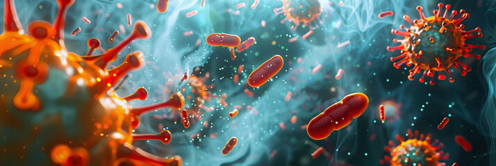 A depiction of antibiotic resistance, showing bacteria resisting the effects of medication - obrazy, fototapety, plakaty