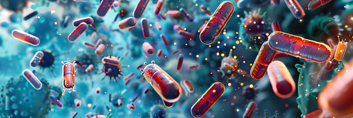 A depiction of antibiotic resistance, showing bacteria resisting the effects of medication - obrazy, fototapety, plakaty