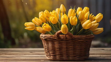 Spring tulips in a wicker basket  - 767812247