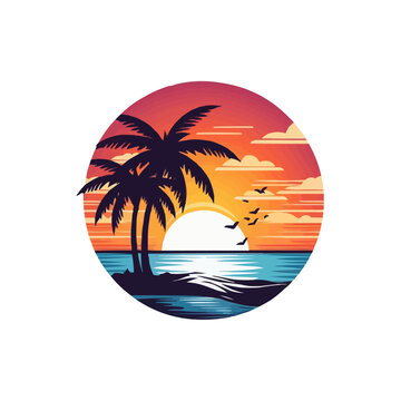 A tropical scene with a sunset and palm trees