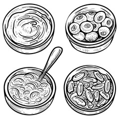 Set bowl of topping sauce jam sketch. Seasoning to improve taste. Hand drawn vector illustration.
