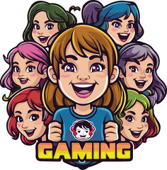 A vibrant and adorable vector illustration of a happy gamer girl with a variety of expressions