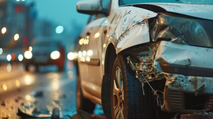 front of white car damaged by road accident, close-up, - obrazy, fototapety, plakaty