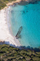 Aerial full view of Spiaggia del Relitto Caprera La Maddalena Sardinia