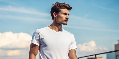 Young Model Shirt Mockup, Boy wearing white t-shirt on street in daylight, Shirt Mockup Template on hipster adult for design print, Male guy wearing casual t-shirt mockup placement, generative ai 
