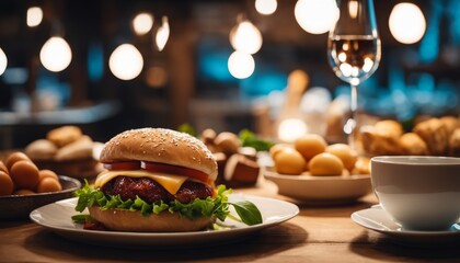 A gourmet burger is presented on a white plate, set against a backdrop of soft lighting, with a...