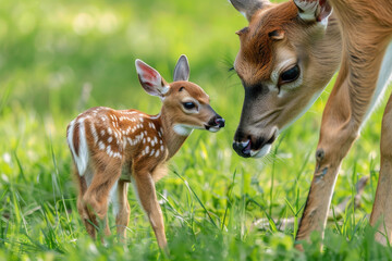 Naklejka na ściany i meble A cute white-tailed fawn stands next to its mother in the green grass