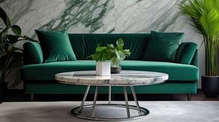 Green velvet sofa and marble coffee table.