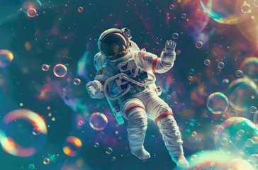 Fotobehang A digital art piece shows an astronaut floating in space, surrounded by colorful bubbles and swirling cosmic dust, creating a dreamy atmosphere © Kien