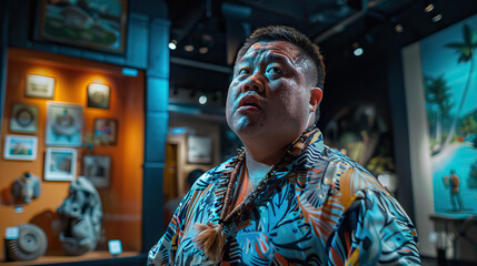 Fototapeta na wymiar A Pacific Islander man with Down syndrome expressing curiosity and interest while exploring a museum. Learning Disability