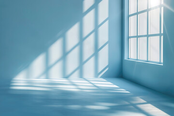 Blue background with shadows of window on the floor - obrazy, fototapety, plakaty