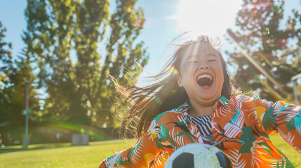 An Asian teenage girl with Down syndrome smiling with excitement while playing soccer in a park. Learning Disability.