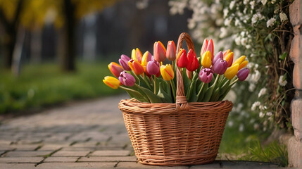 Spring tulips in a wicker basket  - 767814027