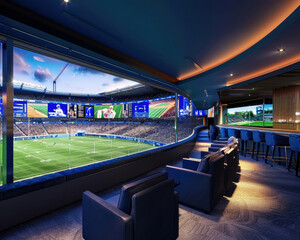 mart stadium VIP section, luxury and tech blend, Luxury Sports Lounge with Multiple Screens and Seating.

