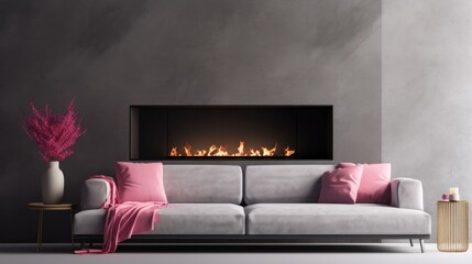 sofa with pink pillow near black fireplace against concrete wall