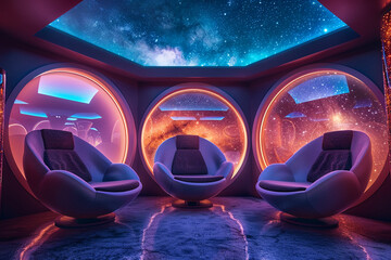 Galactic observatory with relaxation pods, star-filled view, ambient light, serene - obrazy, fototapety, plakaty