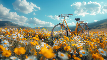 Naklejka premium Landscape with a bicycle on a flowering meadow.