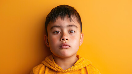 A Hispanic boy with Down syndrome showing determination and focus, with a serious expression....