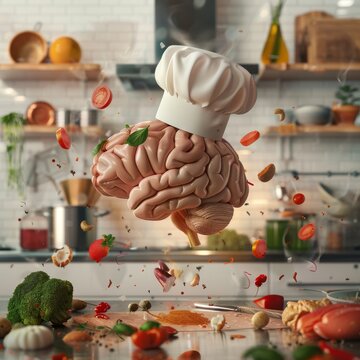 This imaginative depiction showcases a human brain donning a chef's hat amidst flying ingredients, symbolizing the fusion of culinary art and creative thinking.