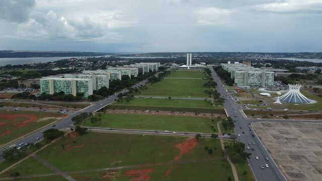Brasilia, Brazil - March 10, 2023: Aerial view of Eixo Monumental  - Brasilia, Distrito Federal, Brazil